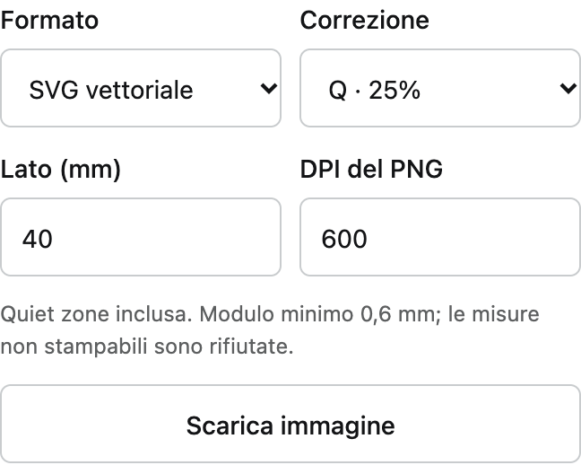 Controlli di download: formato, correzione, lato in millimetri e DPI