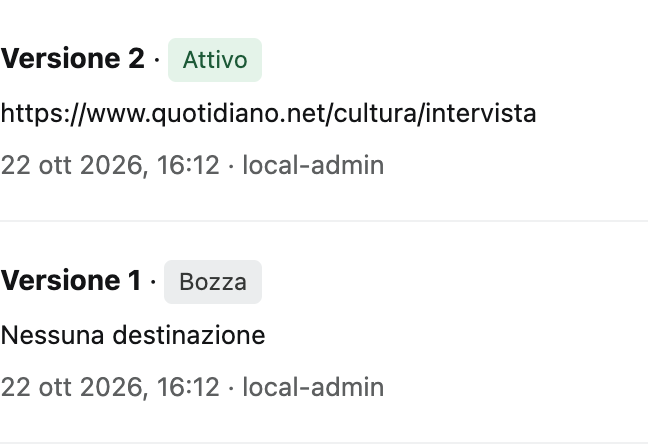 Storico con le versioni in bozza e attiva di un QR dimostrativo